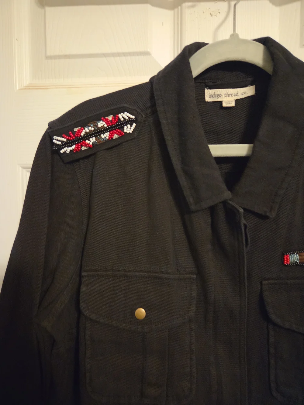 Indigo Black Utility Jacket with Beaded Red & White Accents